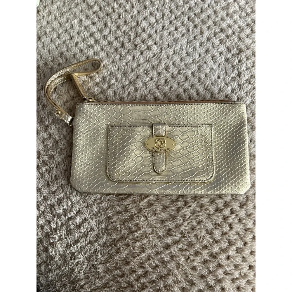 Sharif Gold Croc Embossed Makeup Bag/Clutch Wrist Strap Evening Bag